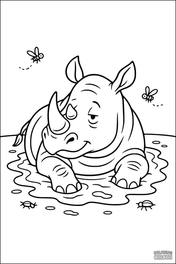 Coloring page happy cartoon rhinoceros relaxing in mud puddle with bugs and bees