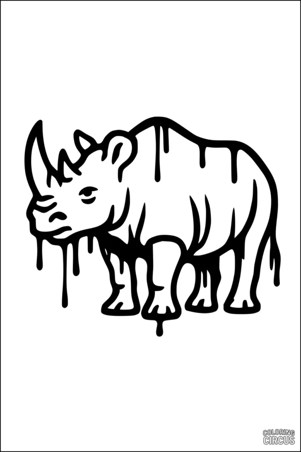 Coloring page featuring a playful rhinoceros with drip-like designs, suitable for young children