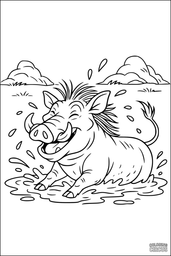 Coloring page with a happy warthog splashing in a mud puddle with grassy hills in the background.