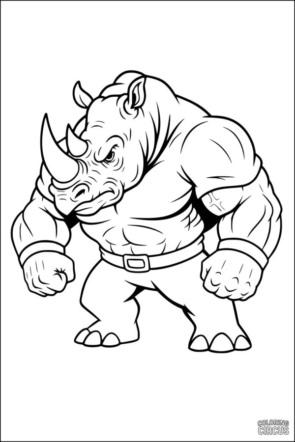 Coloring page showing a strong cartoon rhinoceros with big muscles and a determined expression