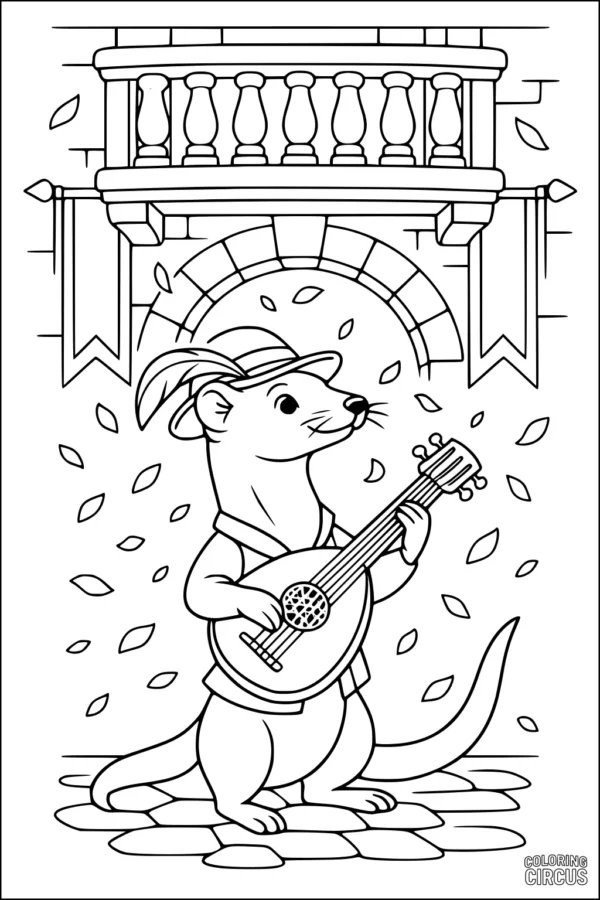 Coloring page featuring a weasel playing a lute under an archway with falling leaves