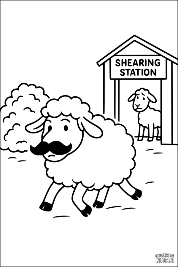 Coloring page sheep with mustache escaping shearing station on a farm