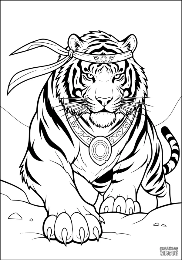 Coloring page featuring a detailed tiger with headband and medallion, walking on rocks