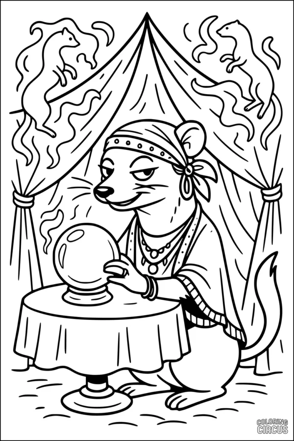 Coloring page of a fortune-telling weasel with crystal ball in decorated tent