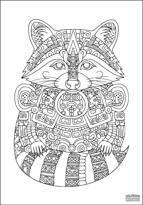Coloring page featuring a raccoon with intricate, geometric and tribal-inspired patterns covering its body