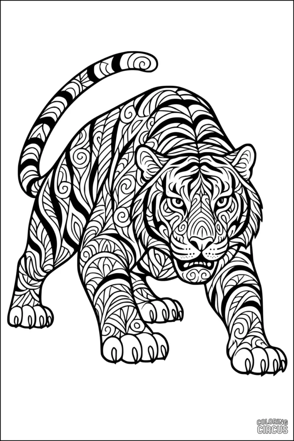 Coloring page featuring an intricately patterned tiger prowling with swirling designs.