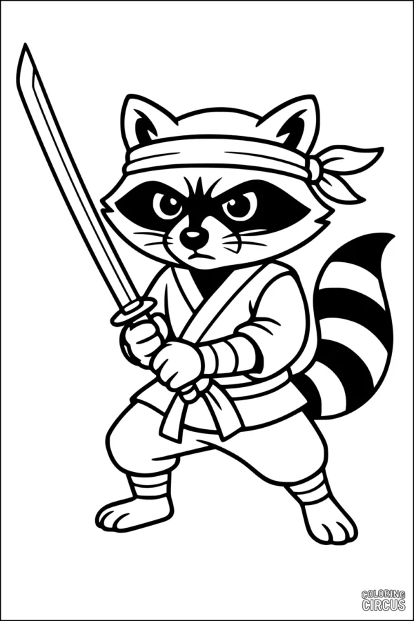 Coloring page featuring a cartoon ninja raccoon holding a sword in a martial arts pose