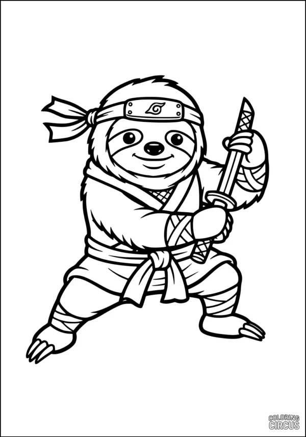Coloring page of a cute cartoon sloth dressed as a ninja holding a sword