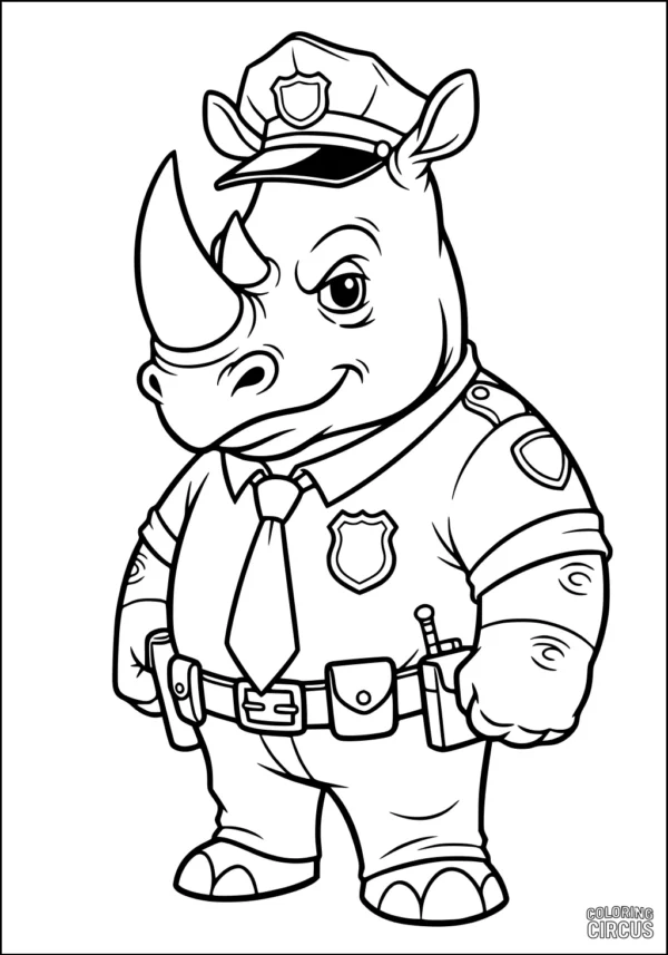 Coloring page of a cartoon rhinoceros dressed as a police officer with uniform and hat