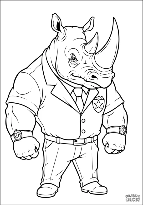 Coloring page of a rhinoceros dressed as a police officer in a suit