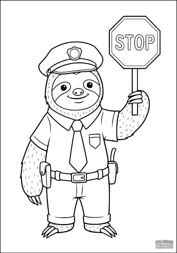 Coloring page of a cute sloth dressed as a police officer holding a stop sign