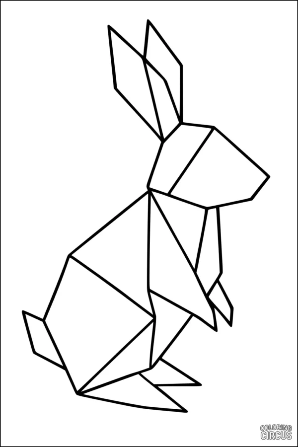 Coloring page featuring a geometric origami-style rabbit silhouette for kids