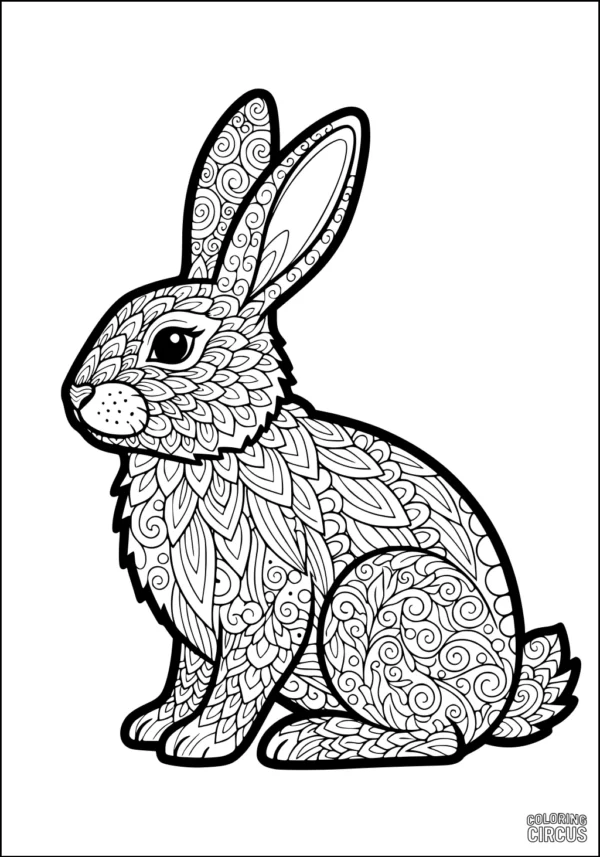 Coloring page featuring an intricately patterned rabbit with swirling and leaf-like designs