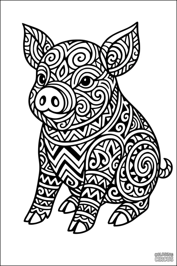 Coloring page with an intricately patterned pig for kids and adults