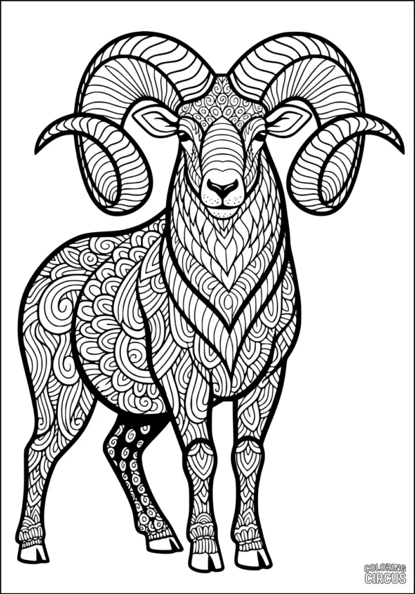 Coloring page featuring a detailed patterned sheep with large spiral horns for mindful relaxation