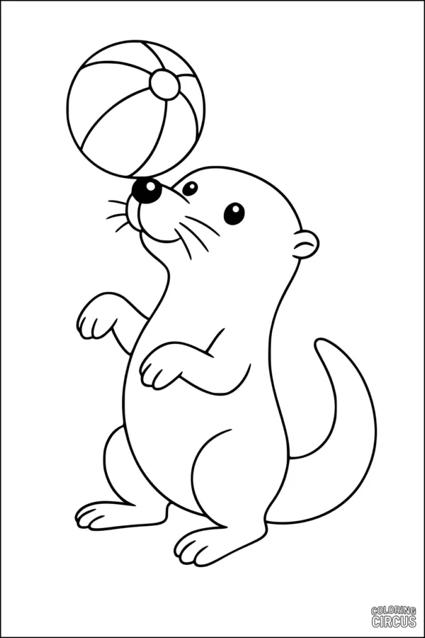 Coloring page of a cartoon otter balancing a beach ball on its nose for kids