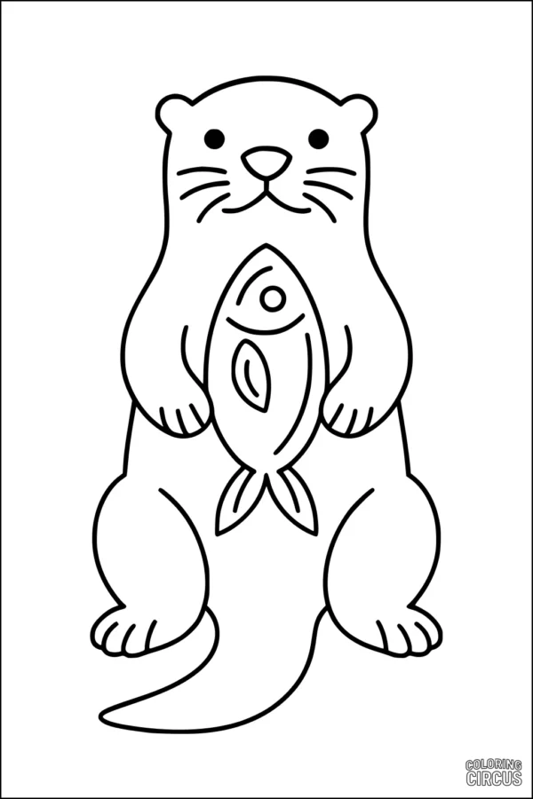 Coloring page of a cute otter holding a fish, simple animal drawing for kids