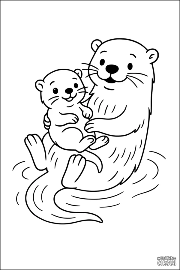 Coloring page with a parent and baby otter floating together in a river