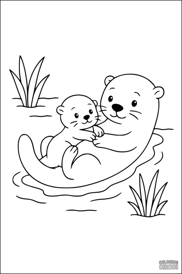 Coloring page showing a mother otter and pup floating in a river with grass