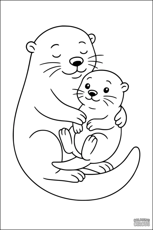 Coloring page featuring a cute otter cuddling a baby otter