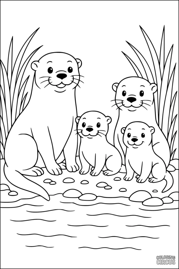 Coloring page with a happy otter family beside a stream, surrounded by tall grass and smooth river rocks.