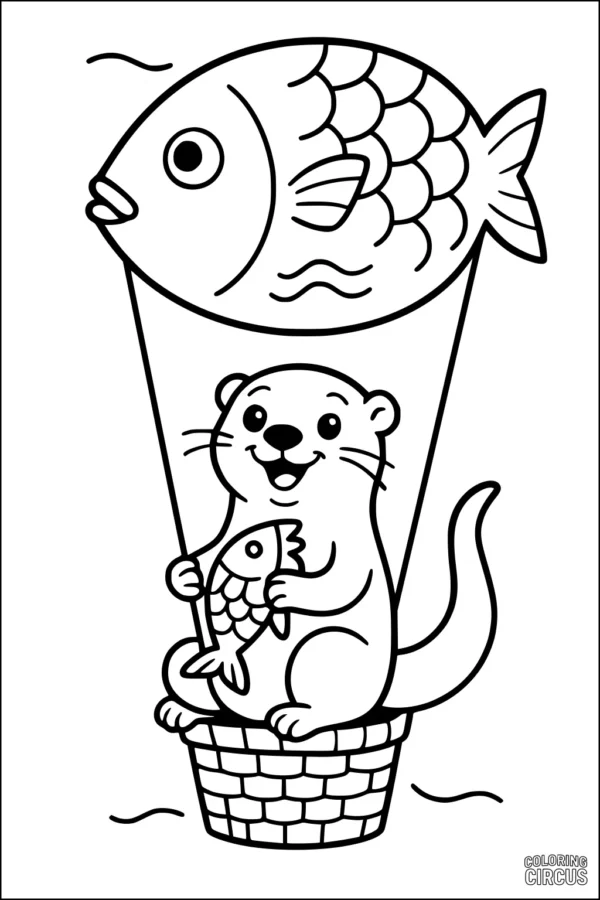 Coloring page of a cute otter in a fish-shaped hot air balloon holding a fish