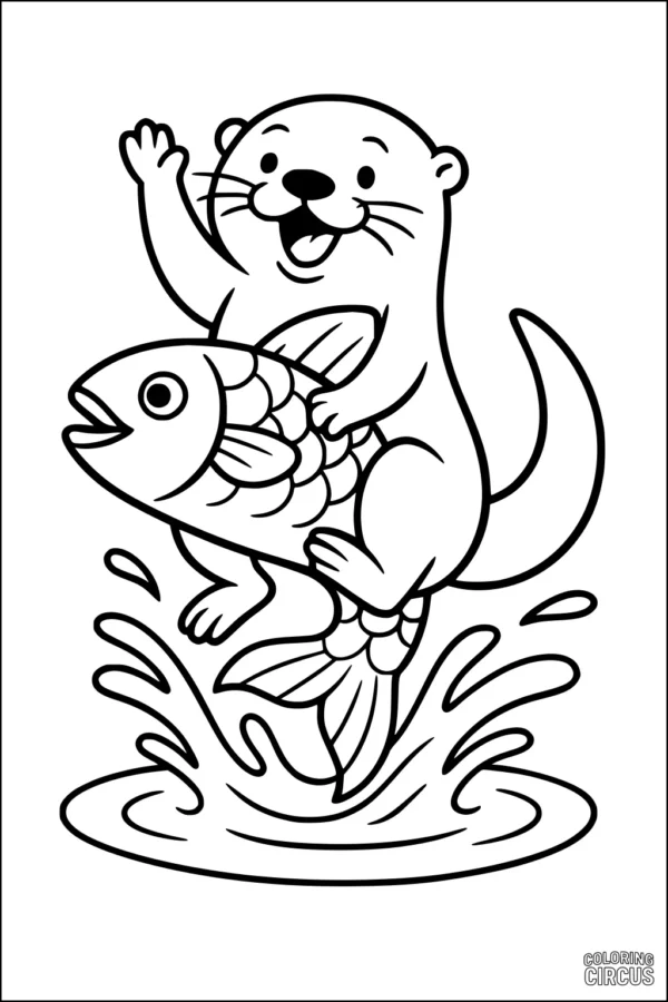 Coloring page of a cute otter riding a big fish through splashing river water