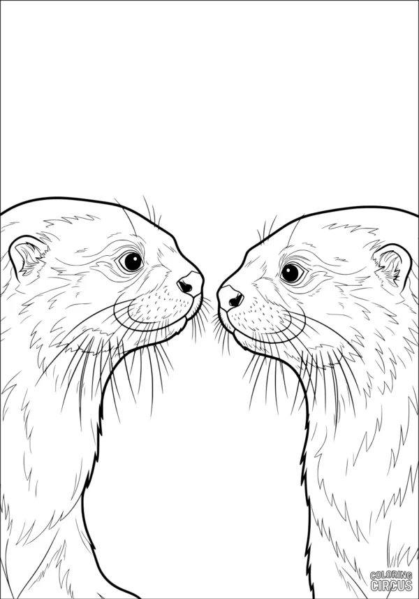 Coloring page with two otters touching noses, facing each other closely, ready for coloring