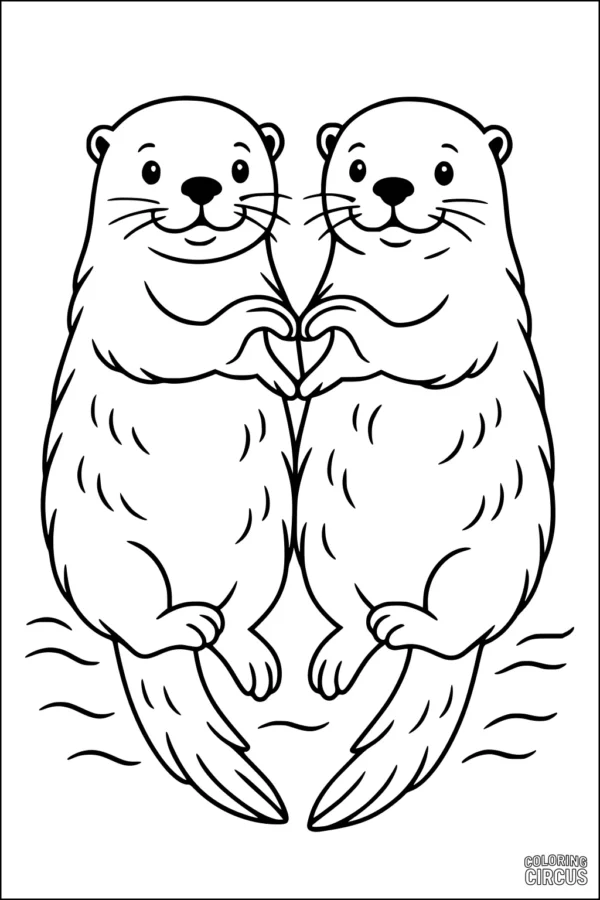 Coloring page with two cute otters holding hands in water, beginner level