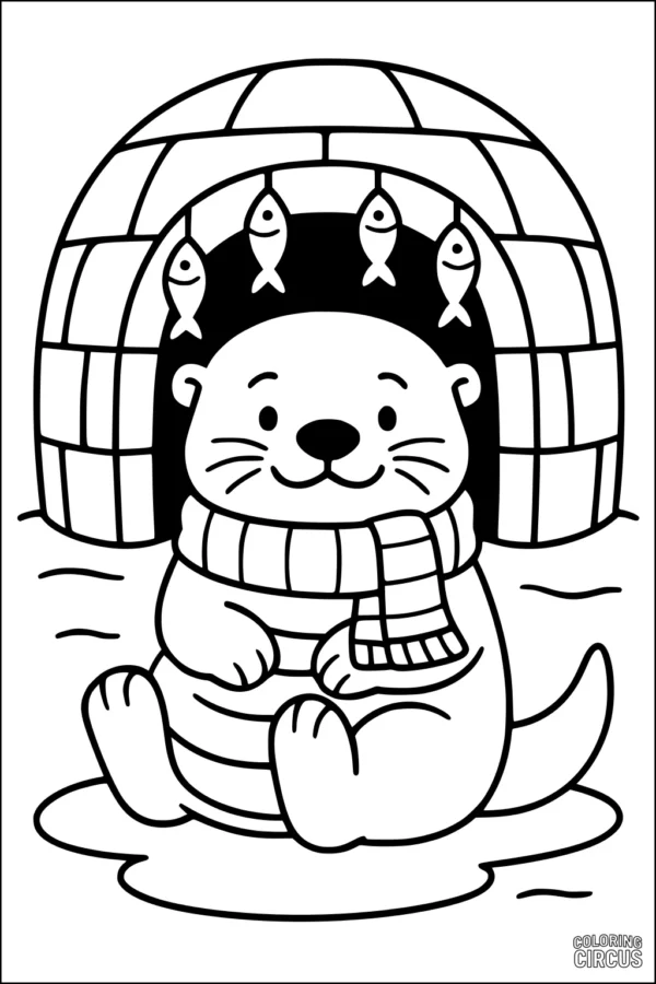 Coloring page showing a cute otter in front of an igloo, wearing a striped scarf, with hanging fish above the entrance.