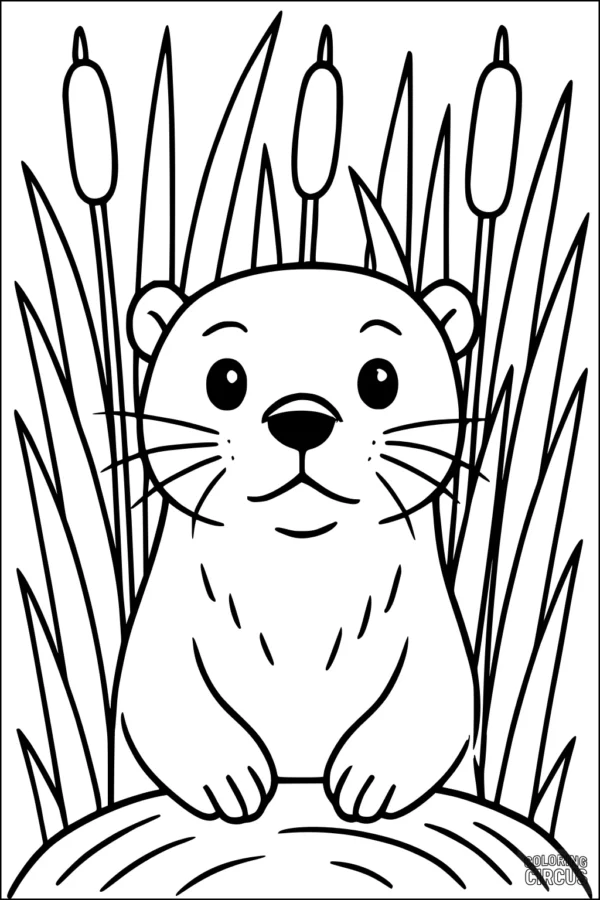 Coloring page featuring a cute otter sitting among tall pond reeds