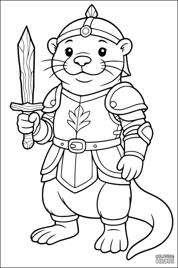 Coloring page featuring a cartoon otter dressed as a knight holding a sword