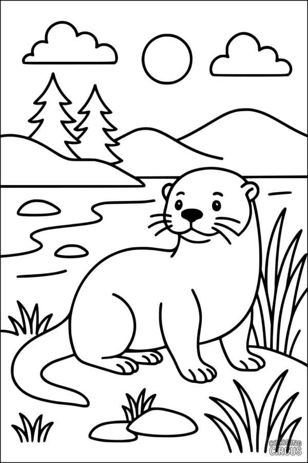 Coloring page of a cute otter sitting by a lake with trees, hills, clouds, and sun in the background