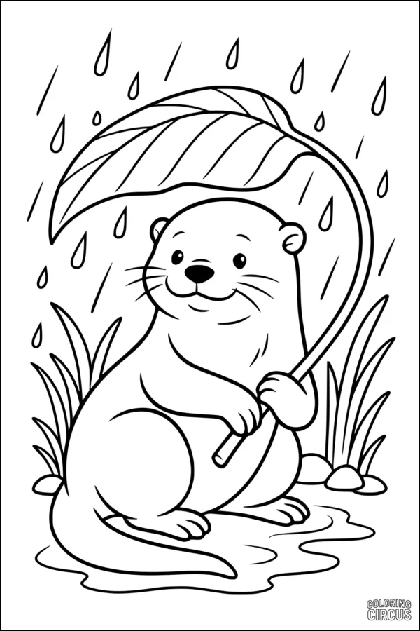 Coloring page of a cute otter holding a large leaf as an umbrella with rain falling around a pond