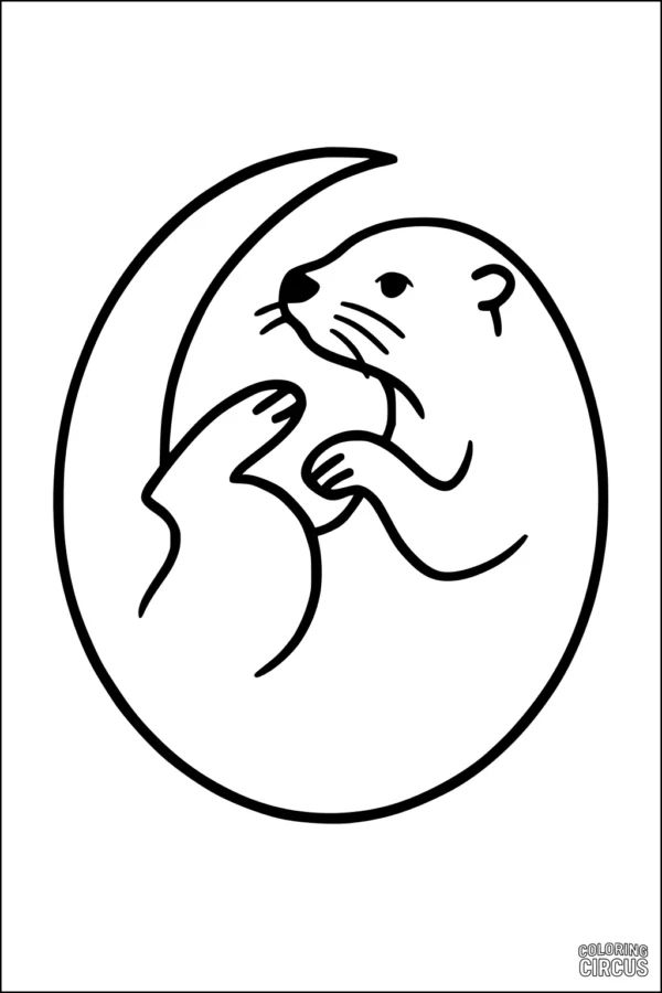 Coloring page showing a simple otter curled in a crescent moon