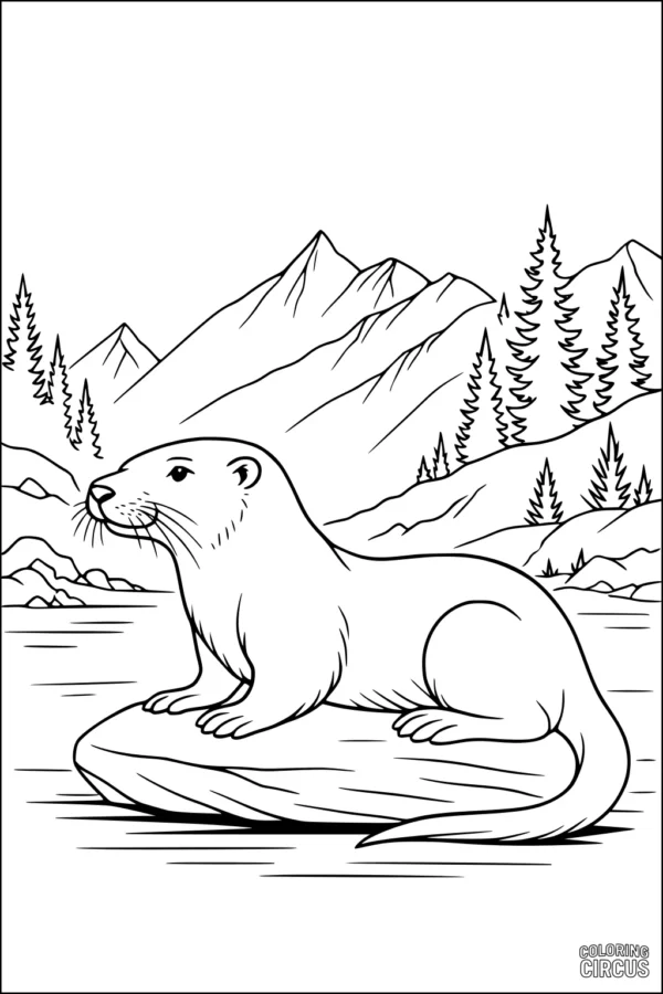 Coloring page of an otter on a rock with mountain and forest background