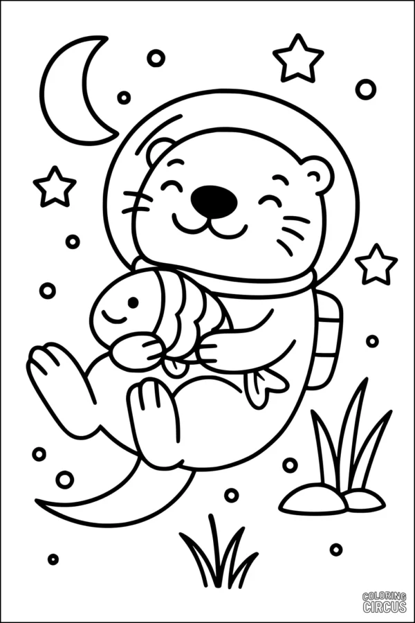 Coloring page with a cute otter holding a fish under stars and a moon