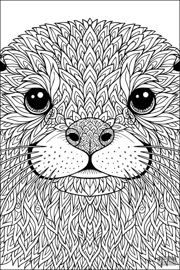 Coloring page of a detailed otter face with patterned fur for kids and adults