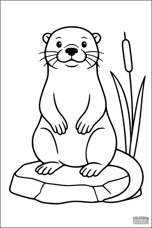 Coloring page of a cute otter sitting on a rock next to a cattail plant