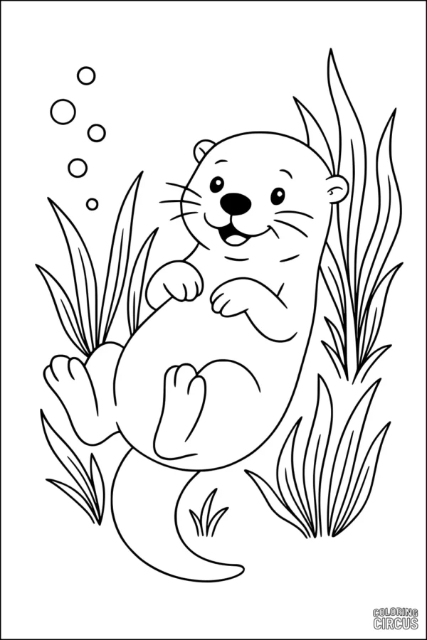 Coloring page showing a cute otter floating on its back surrounded by river plants and bubbles