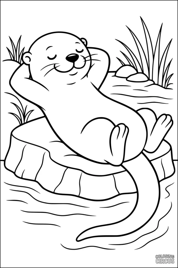Coloring page showing a cute otter sleeping on a river rock with grass and water around