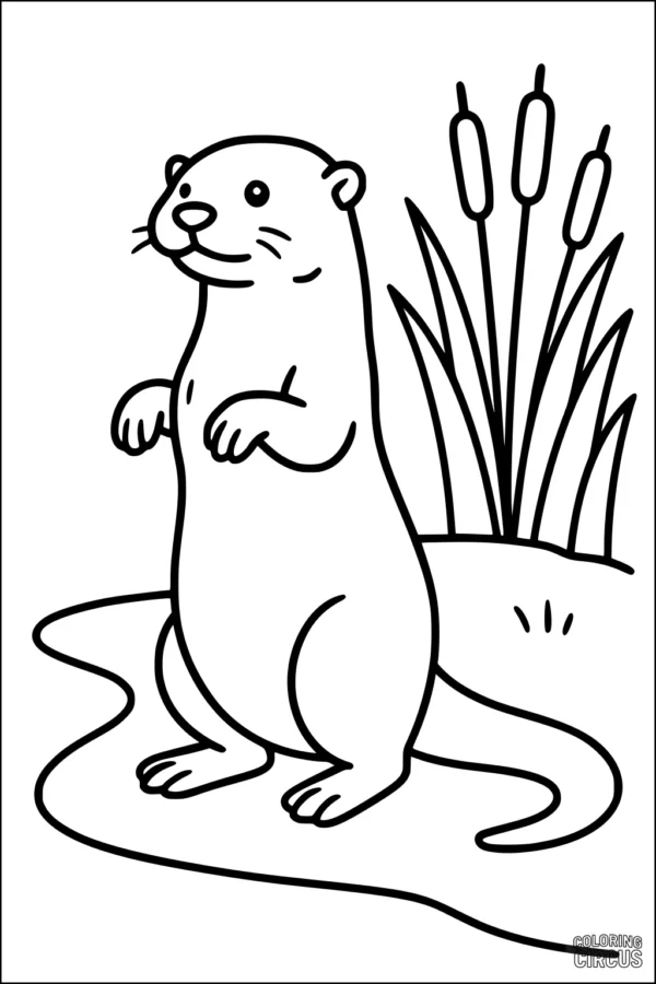 Coloring page of a standing otter by a riverbank with cattails in the background