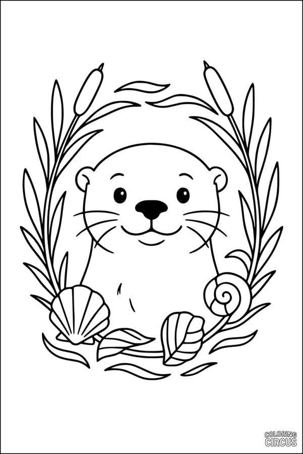 Coloring page featuring a smiling otter surrounded by cattails, shells, and river plants, designed for kids.