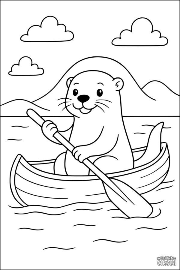 Coloring page otter rowing a boat on a lake with mountains and clouds in the background