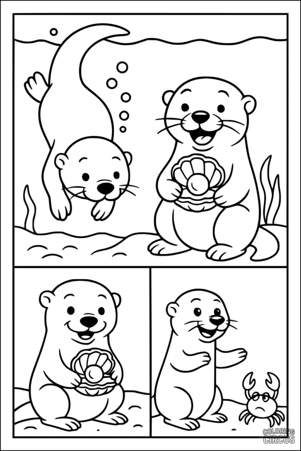 Coloring page with cute otters holding a shell, swimming underwater, and a small crab nearby