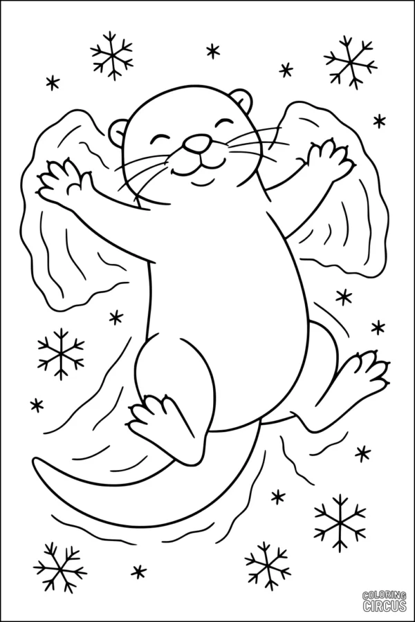 Coloring page of a happy cartoon otter making a snow angel with snowflakes around it