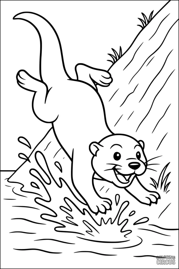 Coloring page of a happy otter sliding down a riverbank with splashes of water