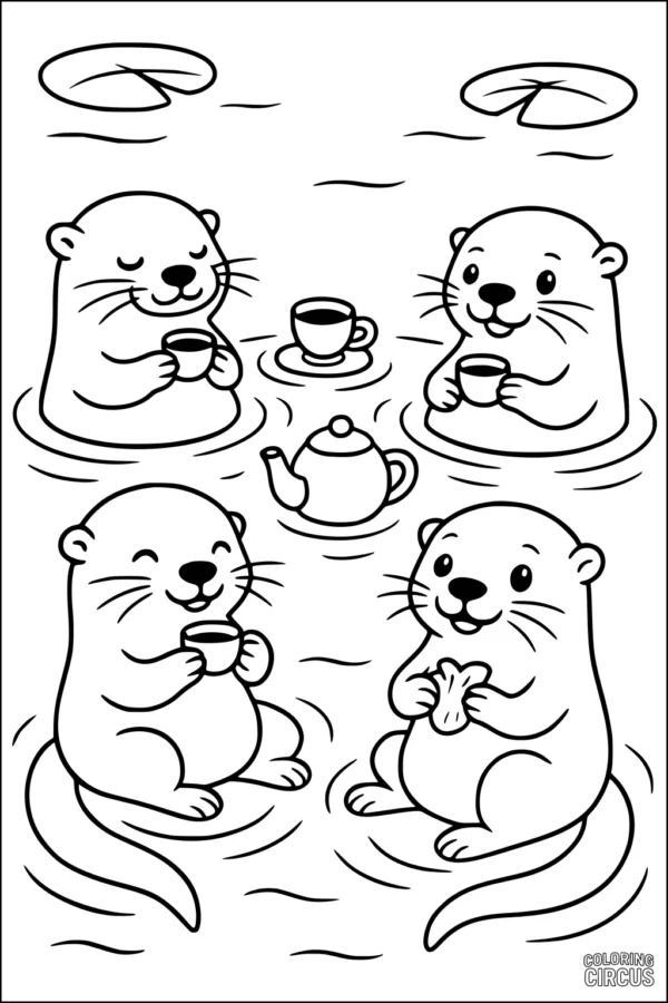 Coloring page with four cute otters having tea in a pond with lily pads and a teapot