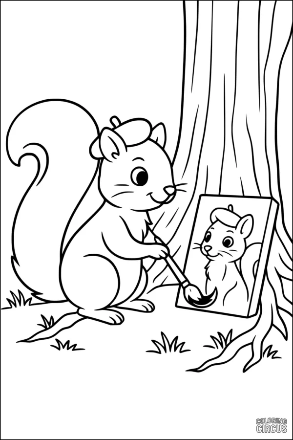 Coloring page of a cute squirrel painting its portrait by a tree