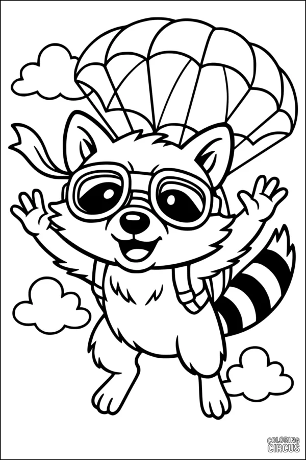 Coloring page of a cartoon raccoon parachuting through the clouds, wearing goggles and a backpack.
